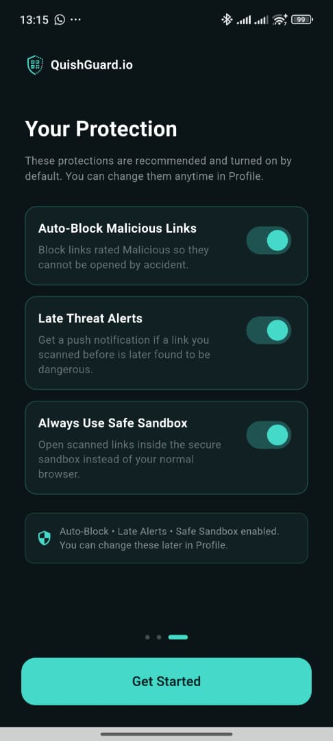 Protection settings in QuishGuard